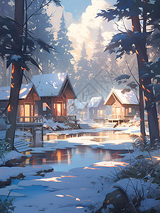 温暖冬日小屋背景图片