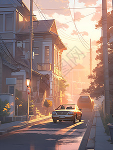 城市的日出日出时分的街道插画