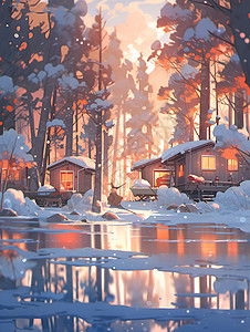 林间湖畔冬日别墅背景图片