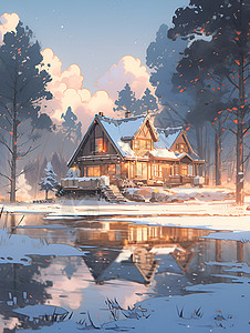 寒冷风景森林冬日湖边的雪景小屋插画