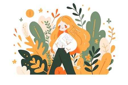 植物和少女插画背景图片