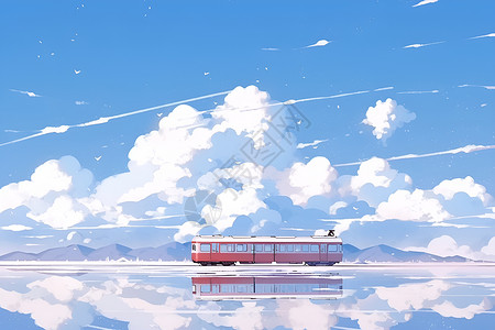 运城盐湖幽静湖泊中的火车插画