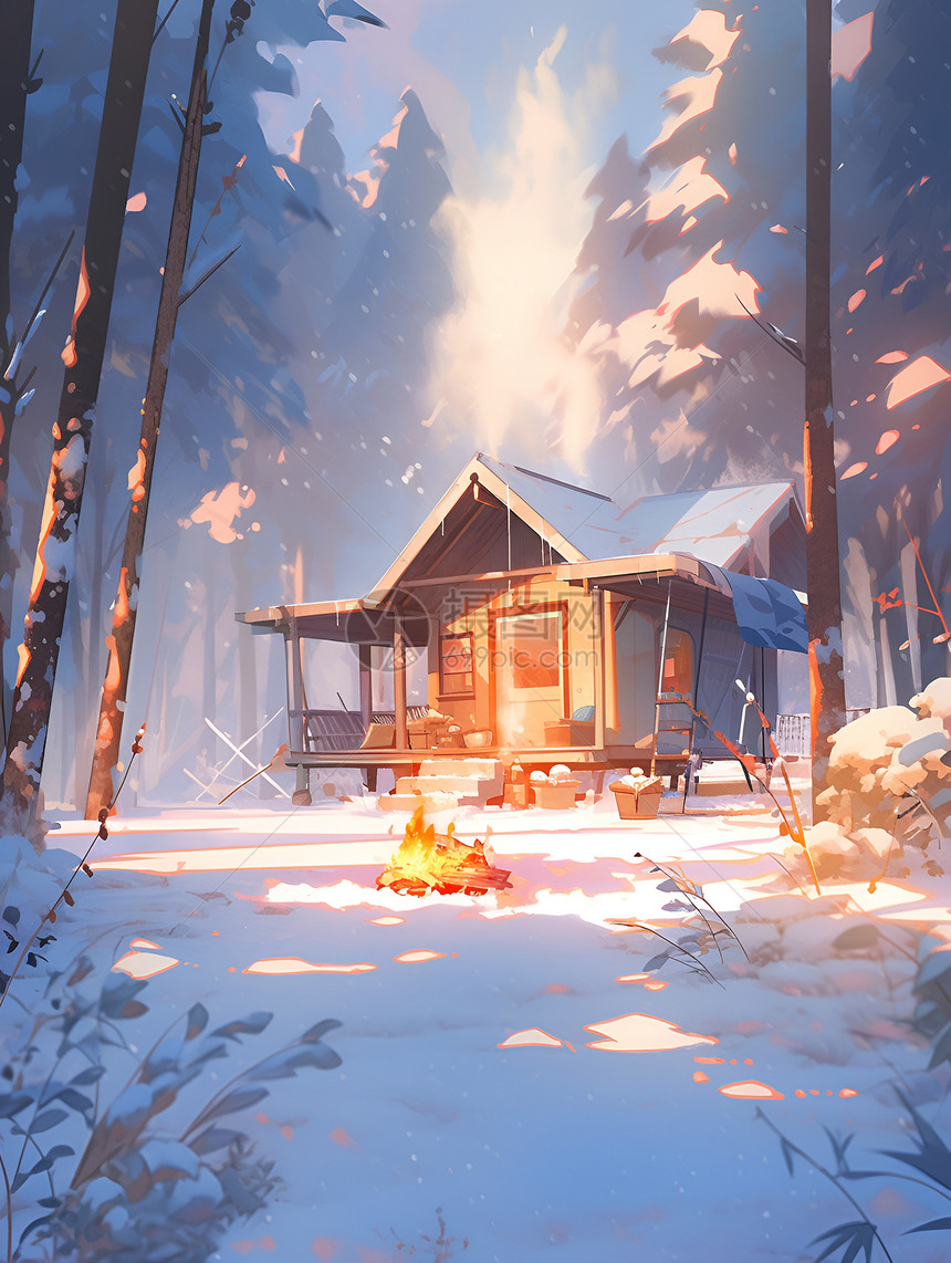 雪中小屋的美景图片