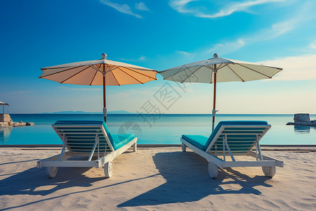 海边遮阳伞和躺椅高清图片