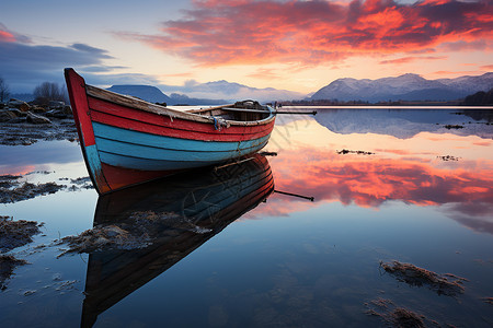 夕阳下的河边木船背景图片