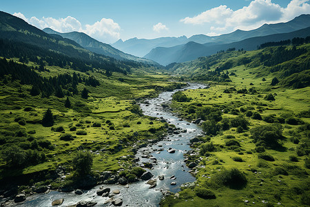 翠绿的山谷中流淌着一条河高清图片