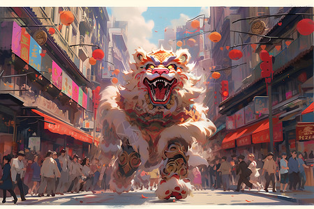 街道中的舞狮插画背景图片