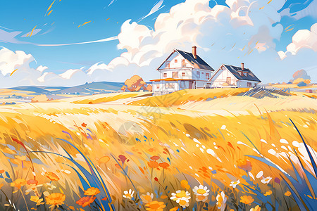 田野中的房子油画背景图片