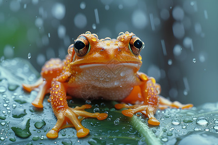 绣球在雨中湿润树叶上美丽的青蛙背景