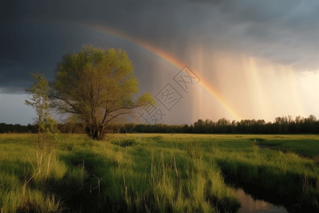 户外的彩虹和草地背景图片