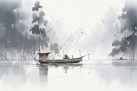湖上的船只水墨画背景图片