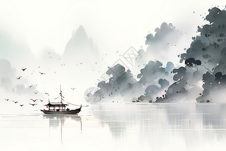 湖上漂浮的小船插画