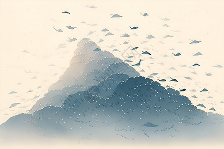 蒙蒙雾气山上的飞鸟插画