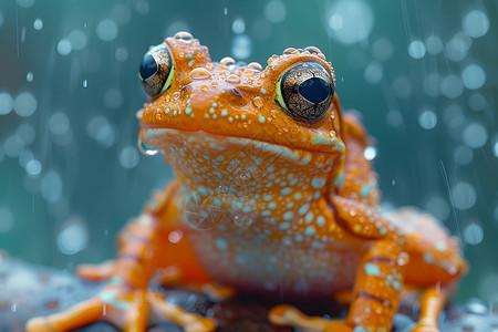 雨中动物青蛙屹立绿枝背景