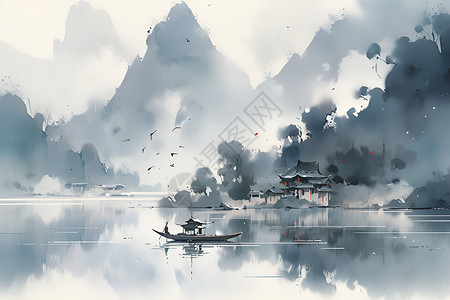 湖中的孤木舟插画