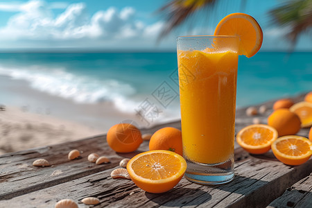 美味橙汁海边的橙汁背景