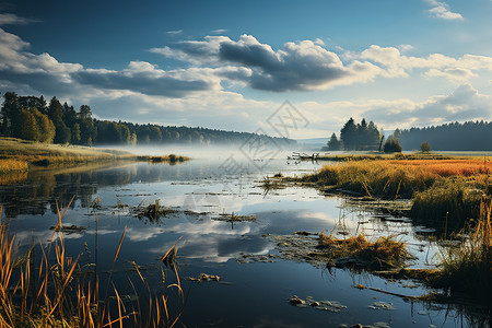 晨雾中的湖泊背景图片