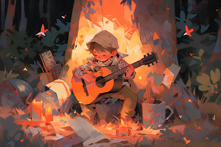 营火旁弹吉他图片