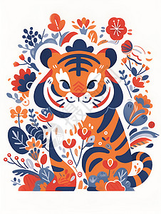可爱生肖花朵中的老虎插画