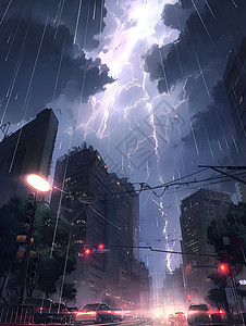 夏日闪电中的都市背景图片