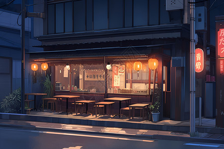 街道餐厅夜晚的日本餐厅插画
