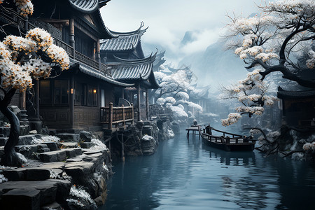 江南风景画背景图片