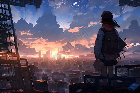 俯瞰城市的人高楼上孤独的人插画