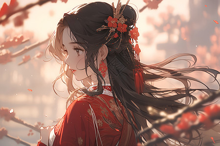 红裙梅花中的女子背景图片