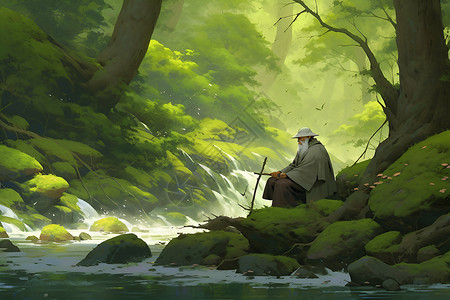 渔夫岩石地方渔夫坐在河畔的岩石上插画