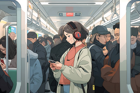 城市通勤喧嚣的车厢女孩带着耳机插画