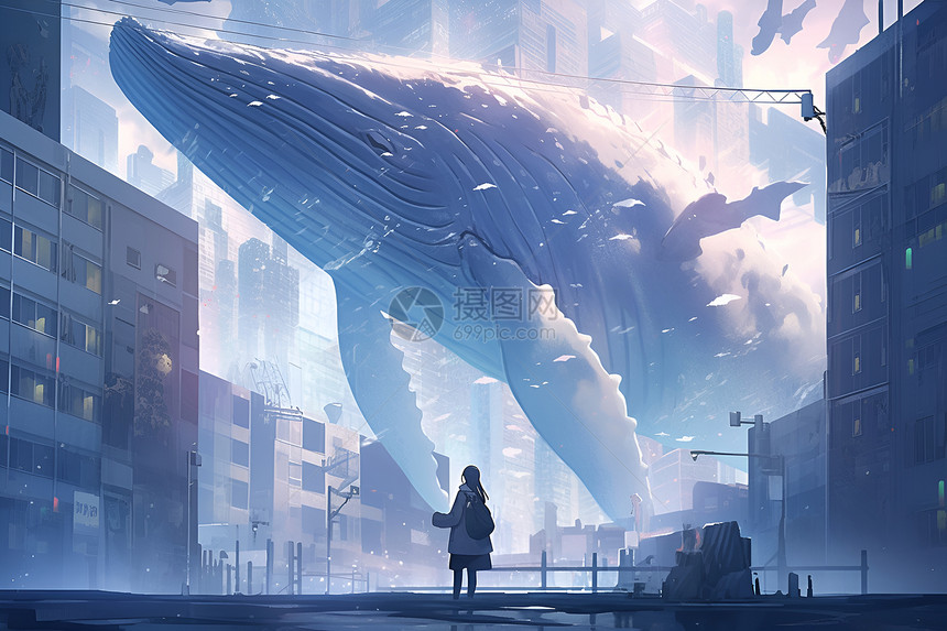 魔幻巨鲸驶过都市图片