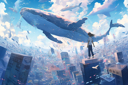 巨鲸穿越城市背景图片