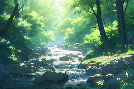 河岸森林森林里的溪流插画