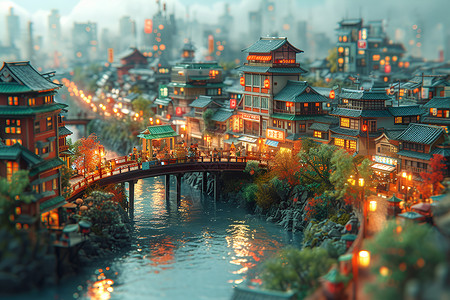 城市桥夜景桥与河流的绚丽夜景插画