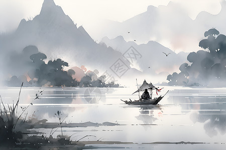 中国湖静谧湖畔孤舟映山水插画
