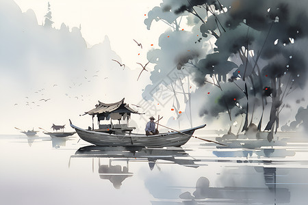 蒙蒙细雾湖面薄雾蒙蒙中一艘木船插画