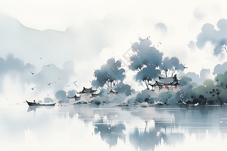 湖畔迷雾中的孤舟背景图片