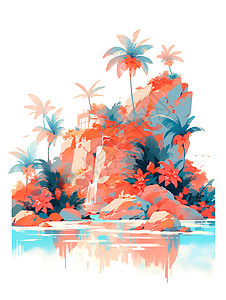 主色珊瑚红翠绿与珊瑚色热带天堂插画