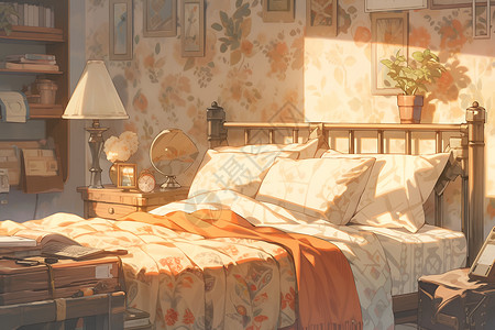 床床头柜宁静的卧室之美插画