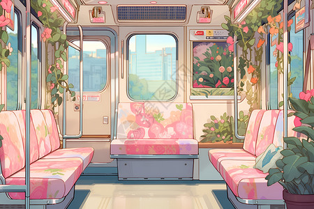 公交车车厢装饰温馨的车厢插画