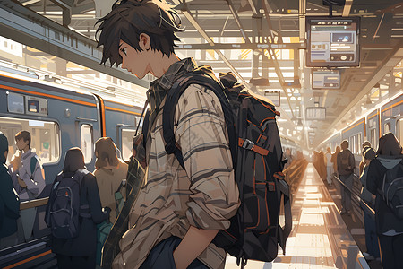 地铁人群男子站立于车站插画