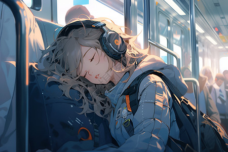 地铁人群车厢里闭着眼睛休息的女孩插画