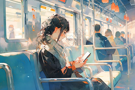 地铁座位地铁中一位乘客玩手机插画