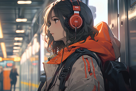 地铁座位车厢里带着耳机的女孩插画
