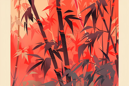 木刻风格红叶相映的竹林插画