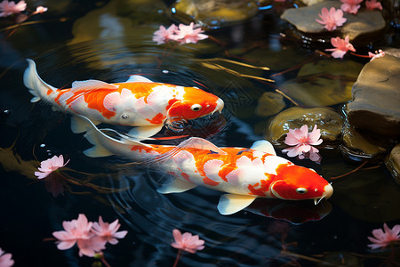 游泳动物粉色花朵绽放水面两只锦鲤游弋花香锦鲤背景