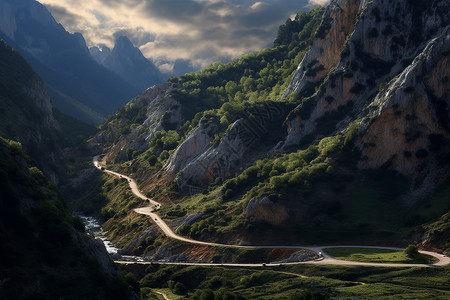 蜿蜒盘山路壮观的山间悬崖道路背景