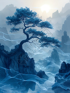 山川之间的一颗蓝色古树背景图片