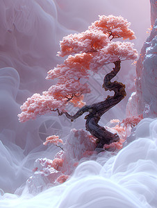一颗树悬崖上的一颗粉色景观树插画