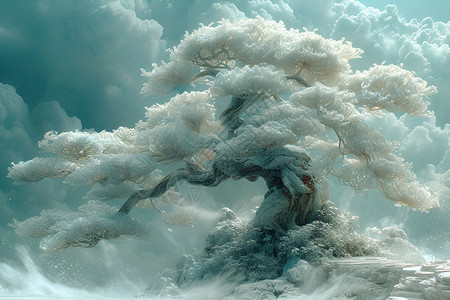 一颗白色的盆景树背景图片